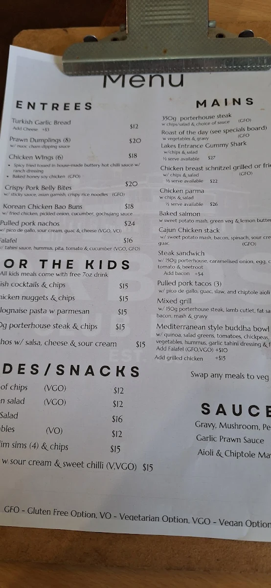 Menu, Orbost Club Hotel