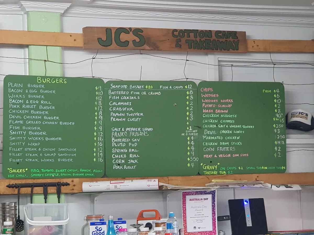 Menu, JC'S Cotton Cafe & Takeaway