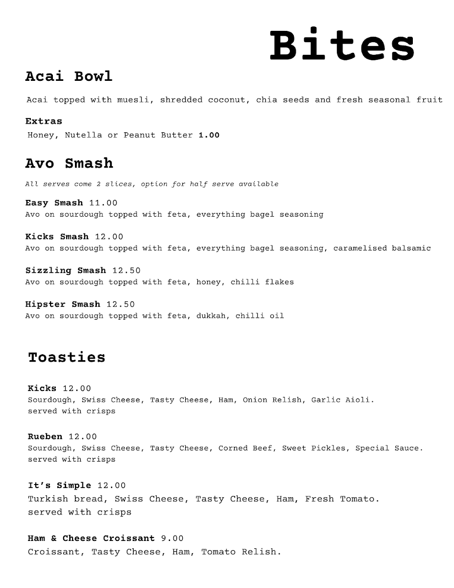 Menu, Kicks