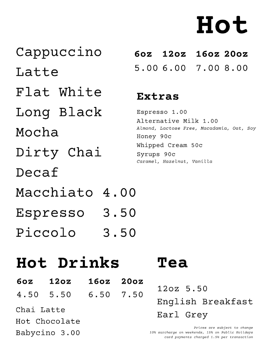Menu, Kicks