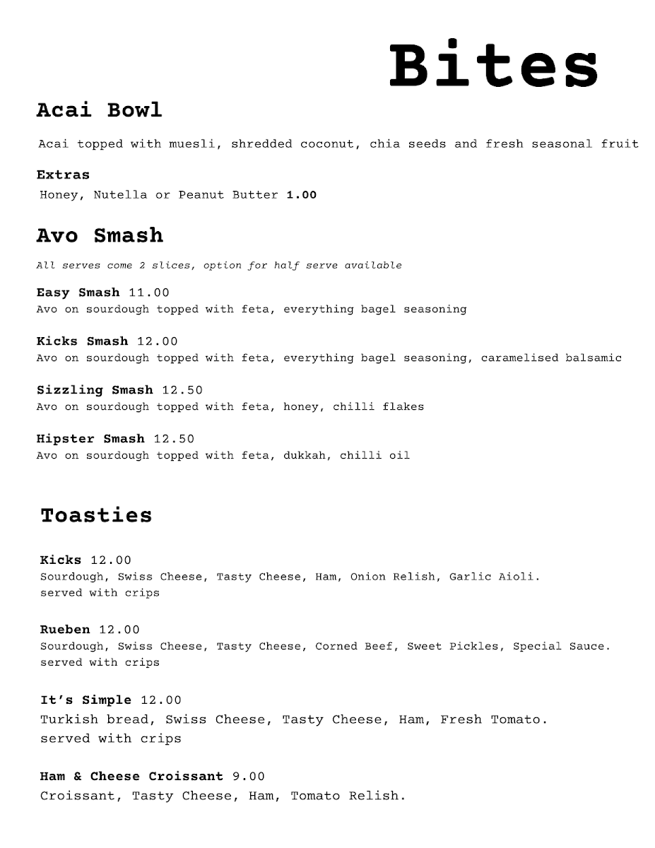 Menu, Kicks