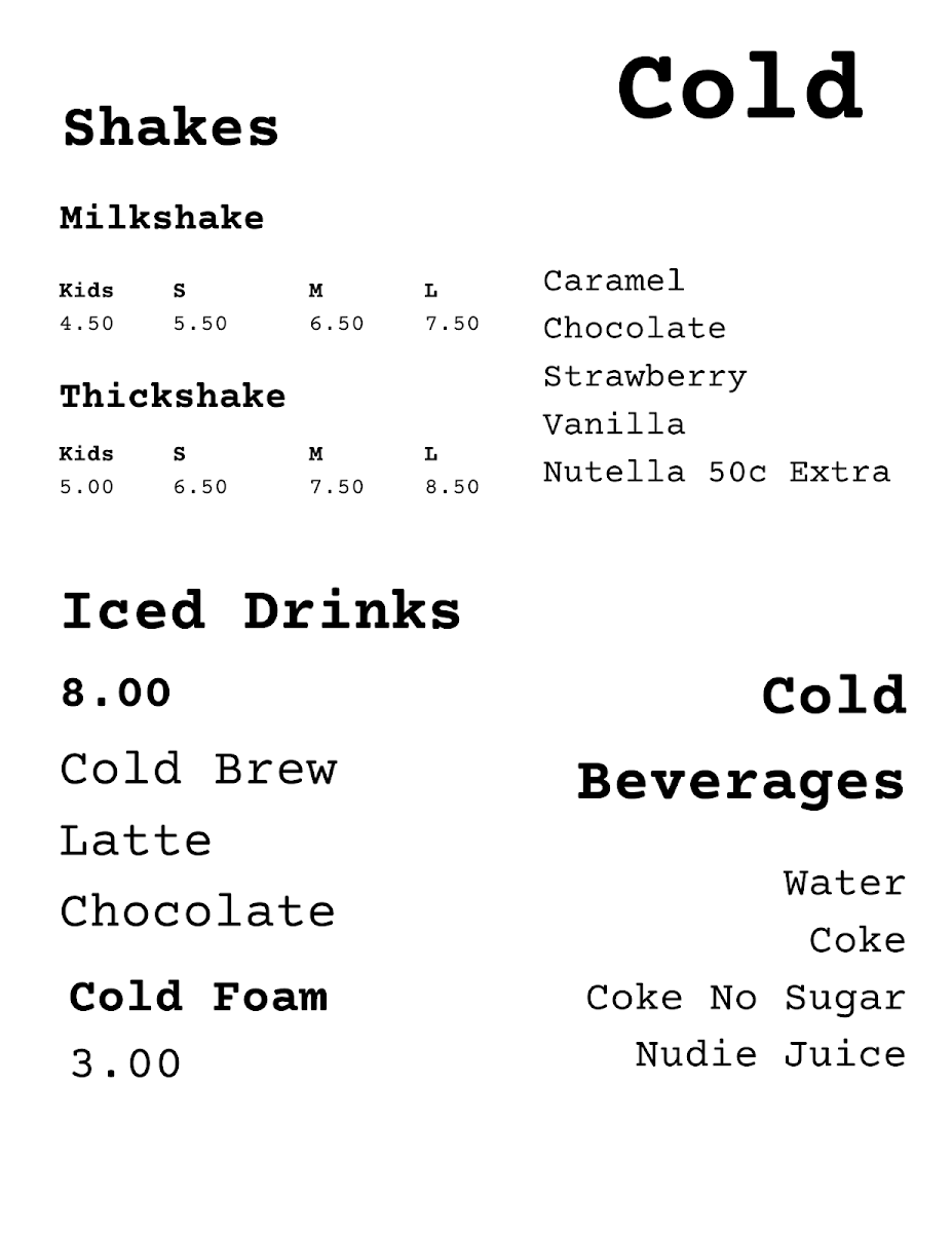 Menu, Kicks