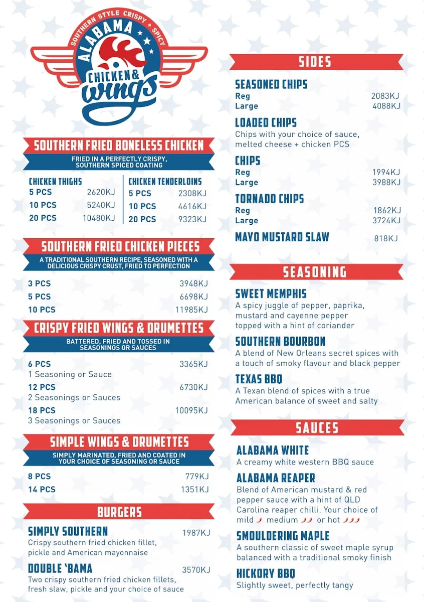 Menu, Alabama Wings Murrumba Downs
