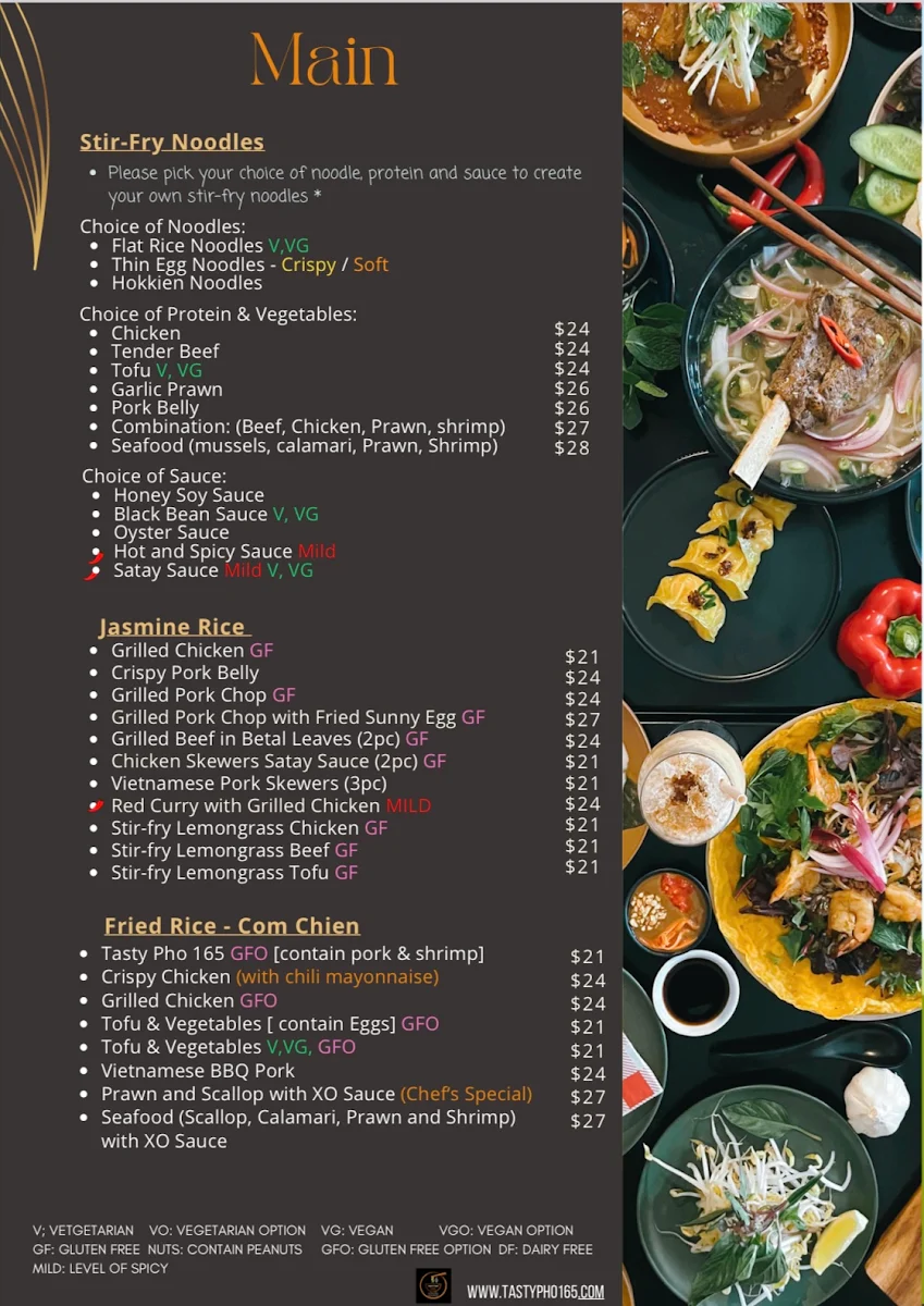 Menu, Tasty Pho 165