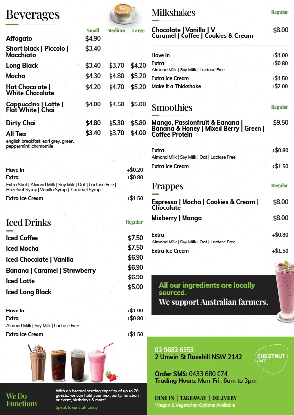 Menu, Chestnut Cafe & Catering