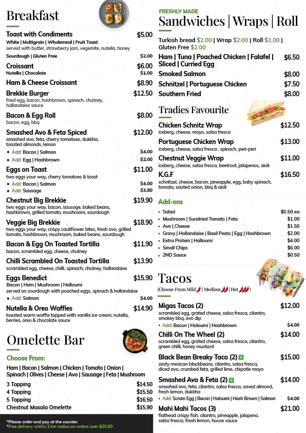 Menu, Chestnut Cafe & Catering