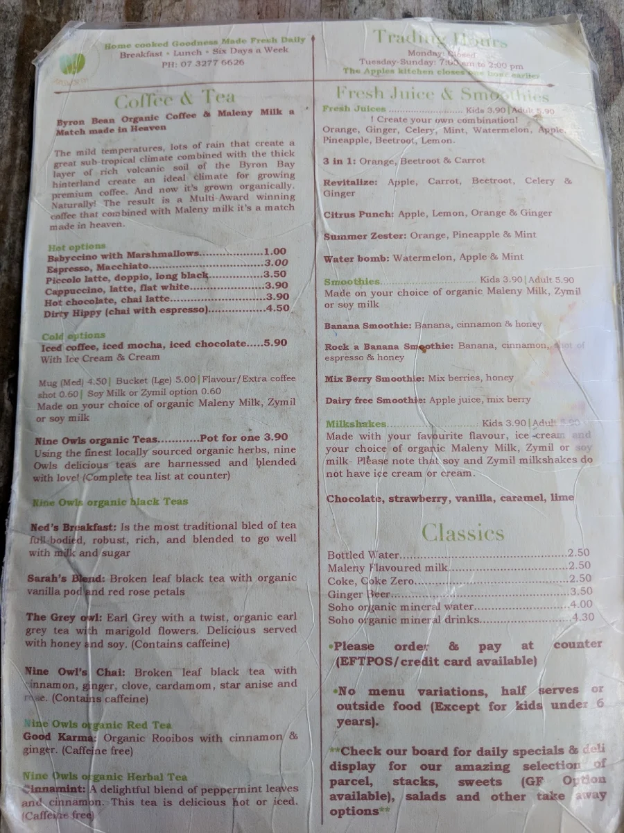 Menu, Apples on Ainsworth