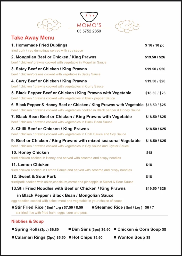 Menu, MoMo's Dumplings (Jade House) Chinese Restaurant