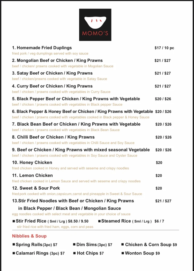 Menu, MoMo's Dumplings (Jade House) Chinese Restaurant
