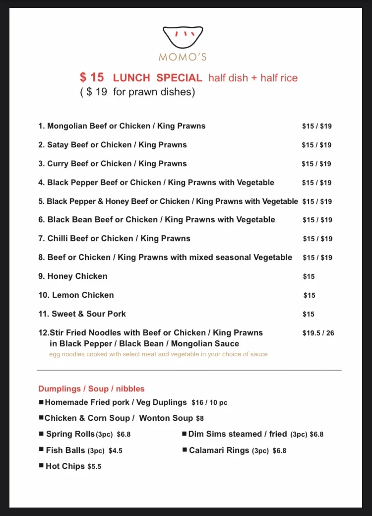 Menu, MoMo's Dumplings (Jade House) Chinese Restaurant