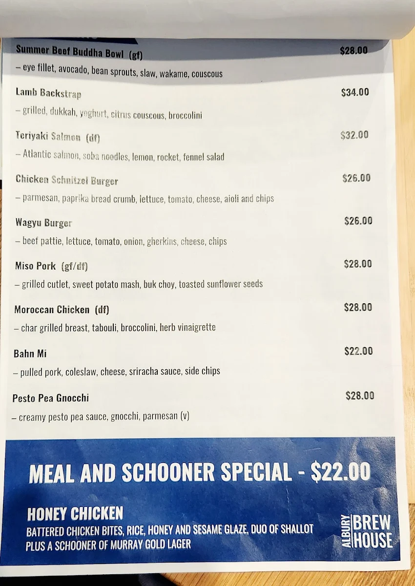 Menu, Albury Brewhouse