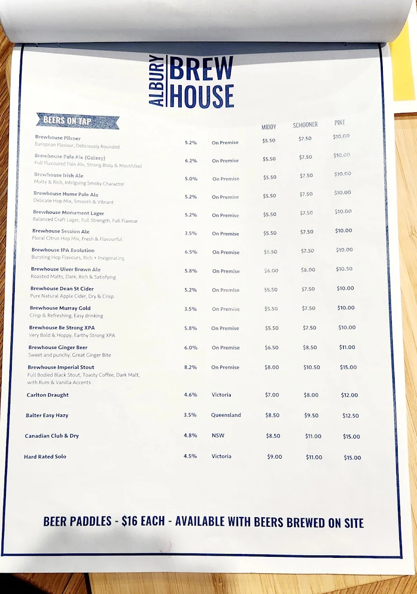 Menu, Albury Brewhouse