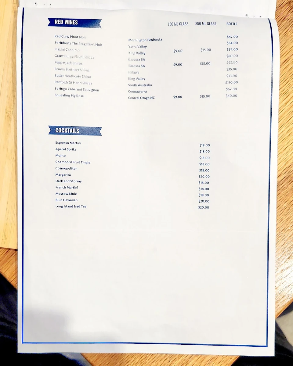Menu, Albury Brewhouse