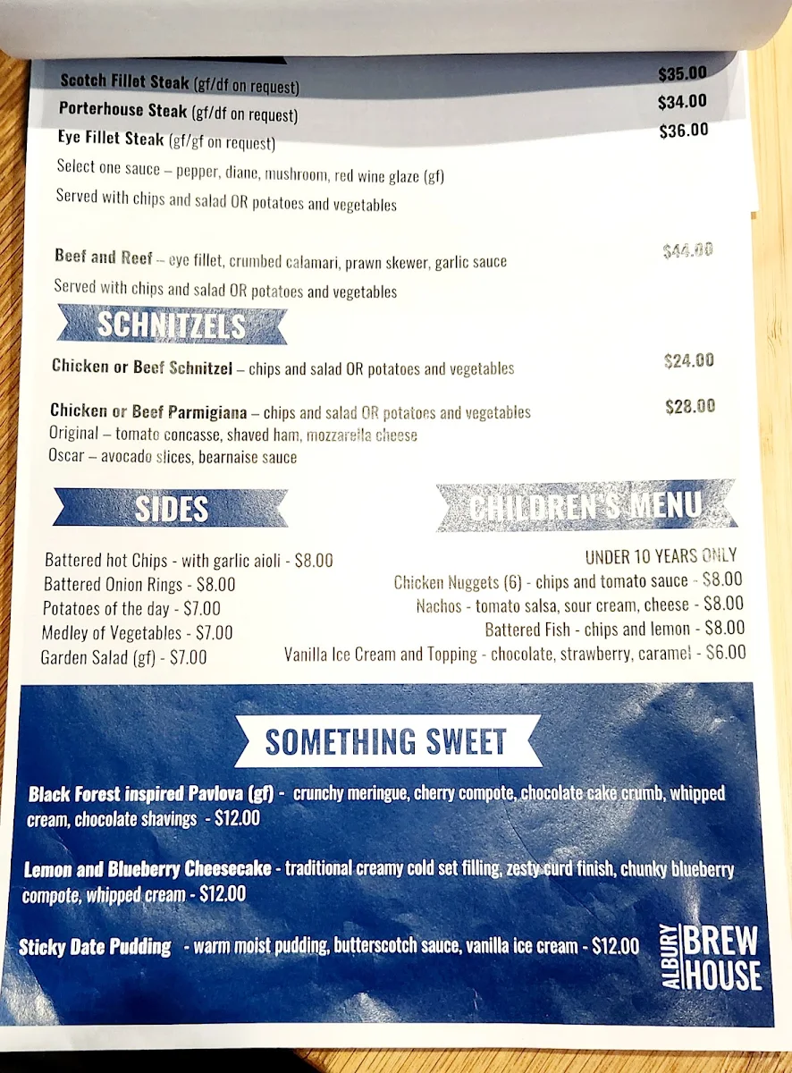 Menu, Albury Brewhouse