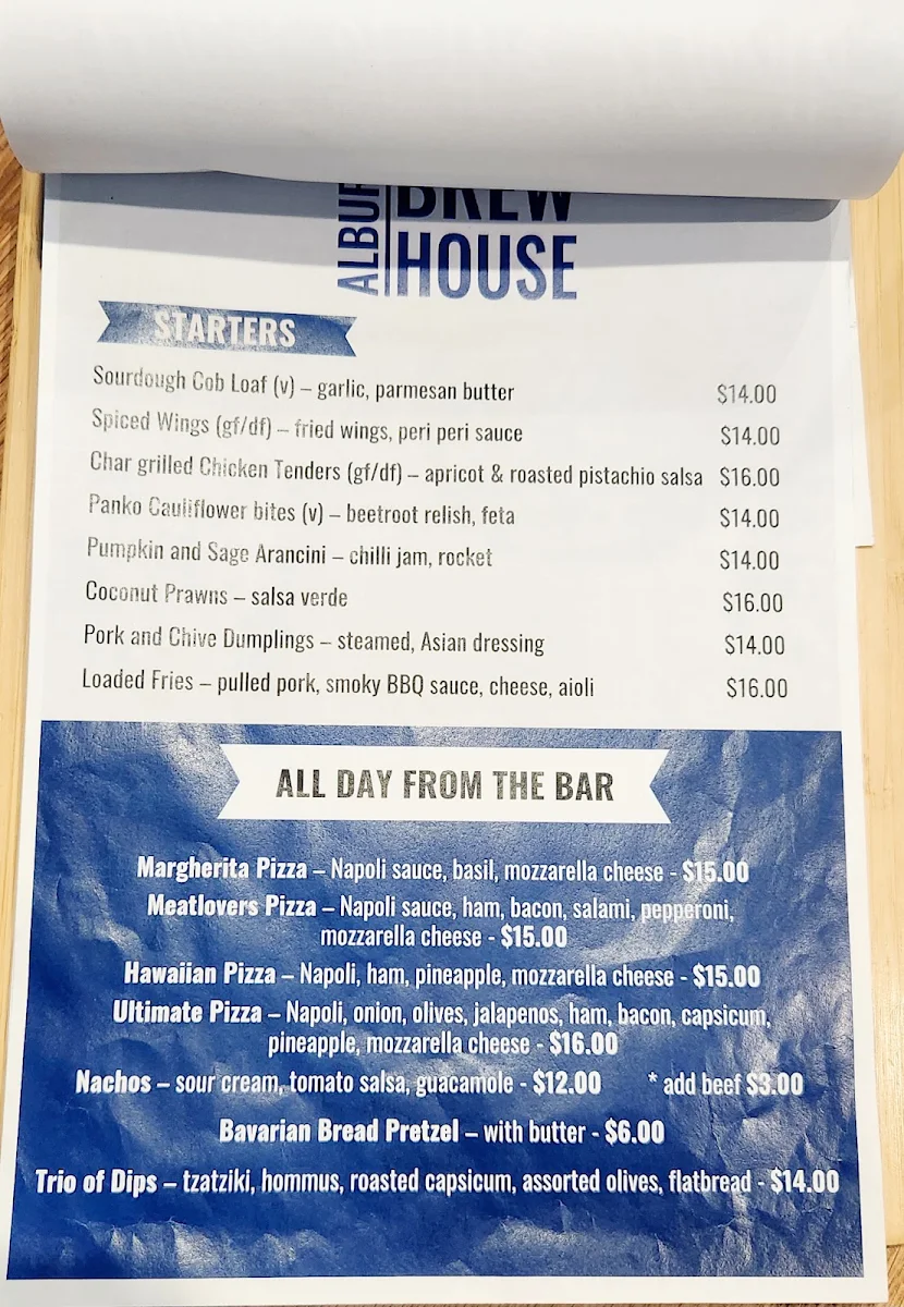 Menu, Albury Brewhouse