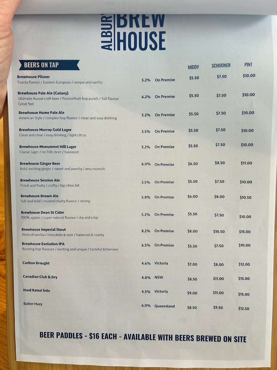 Menu, Albury Brewhouse
