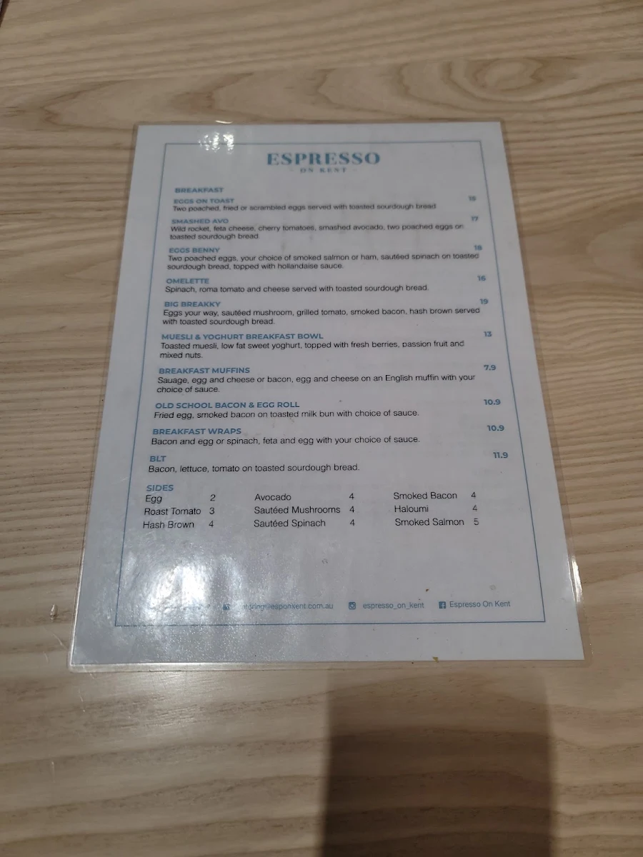 Menu, Espresso on Kent