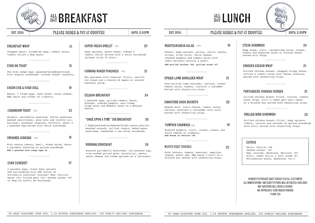 Menu, Cafe Once Upon a Time