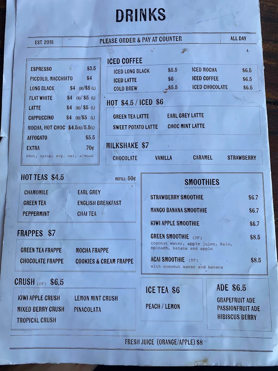 Menu, Cafe Once Upon a Time