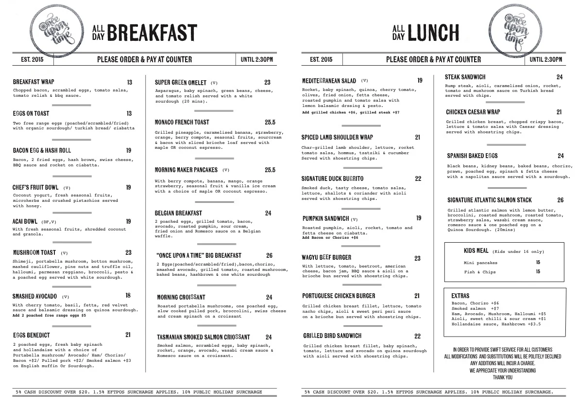 Menu, Cafe Once Upon a Time