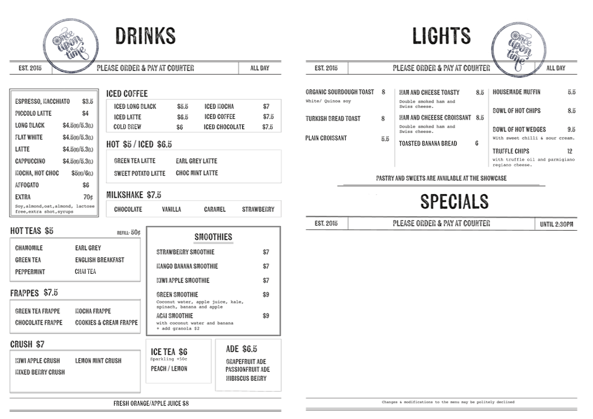 Menu, Cafe Once Upon a Time