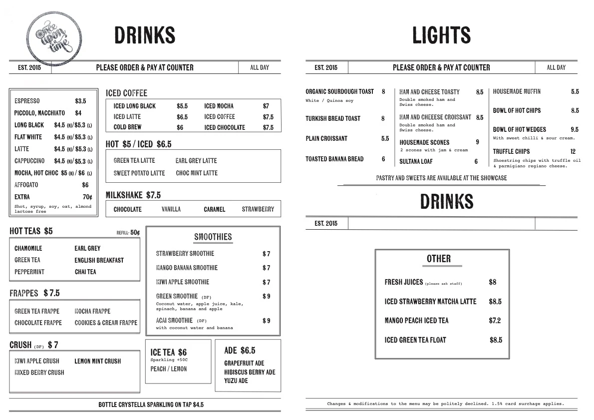 Menu, Cafe Once Upon a Time