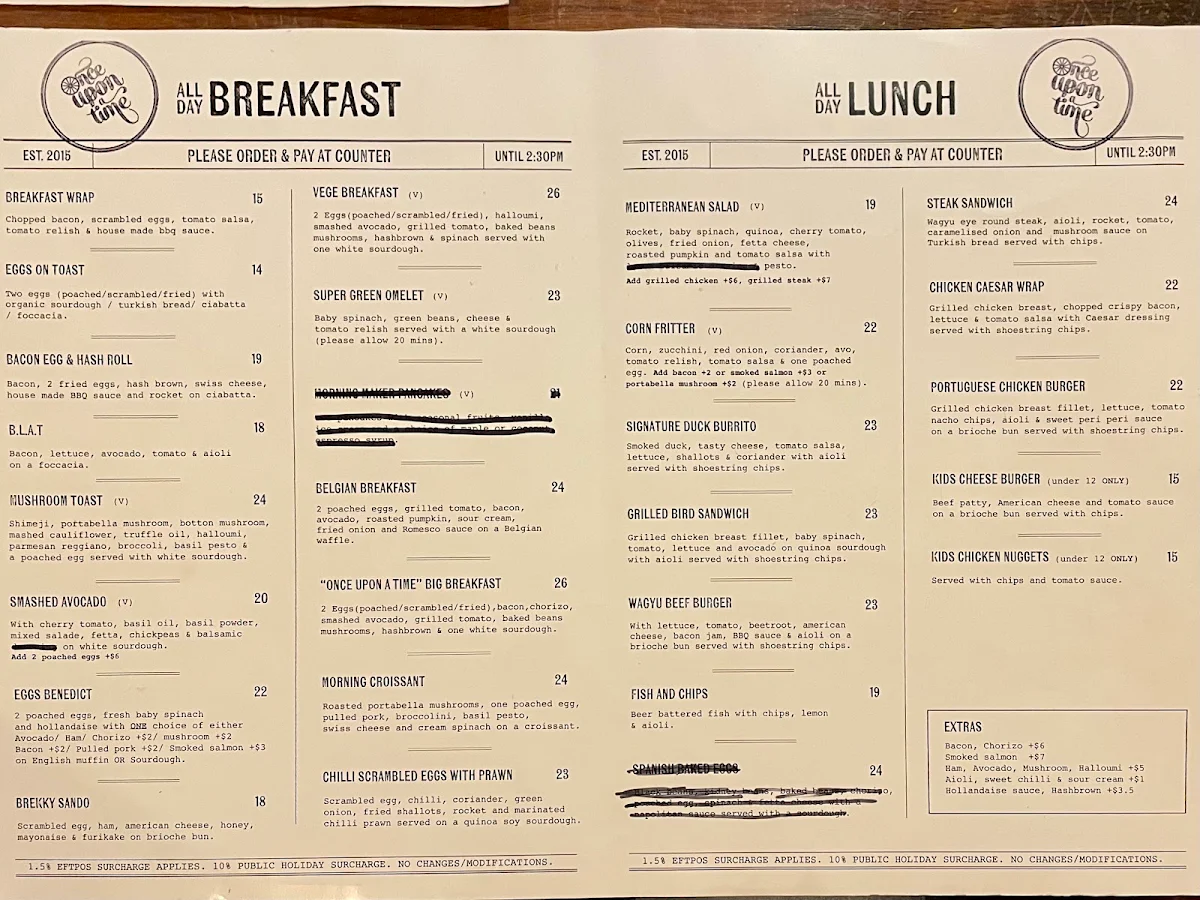 Menu, Cafe Once Upon a Time
