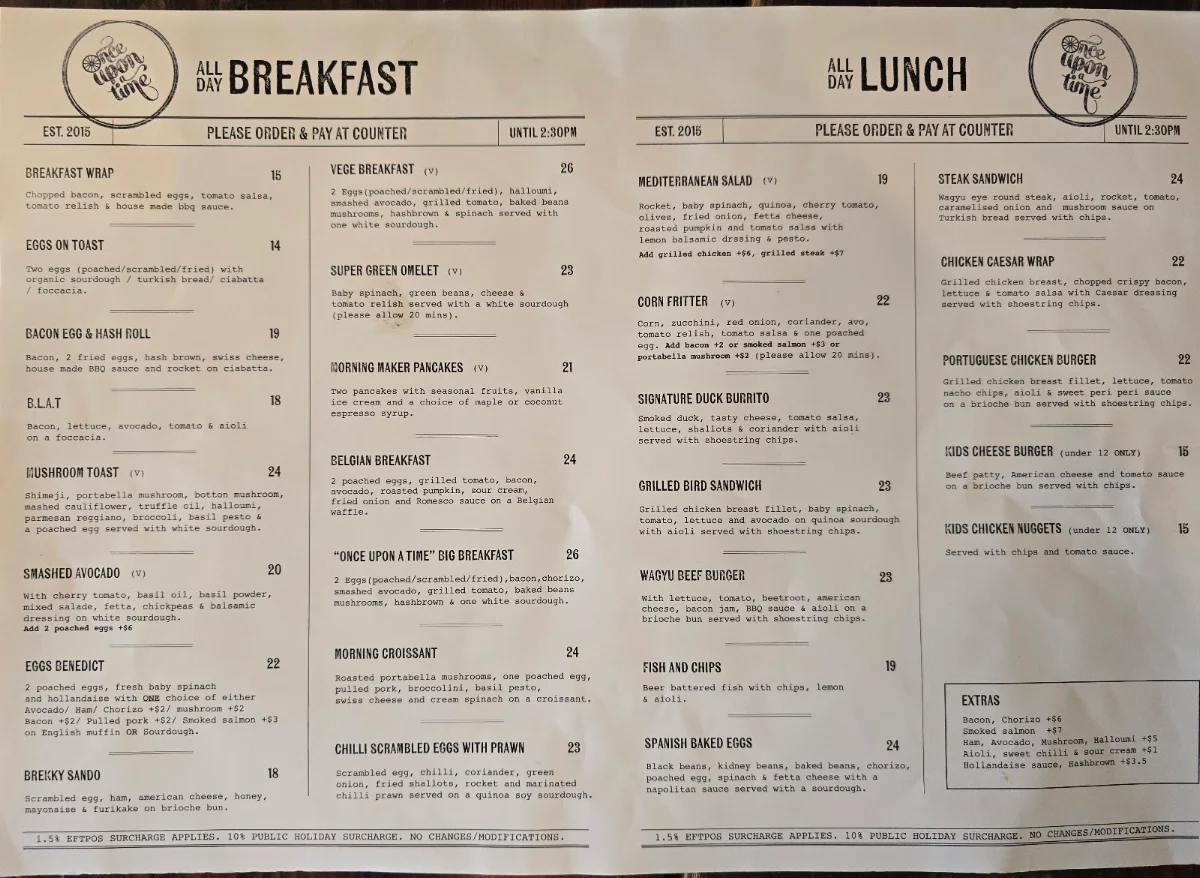 Menu, Cafe Once Upon a Time