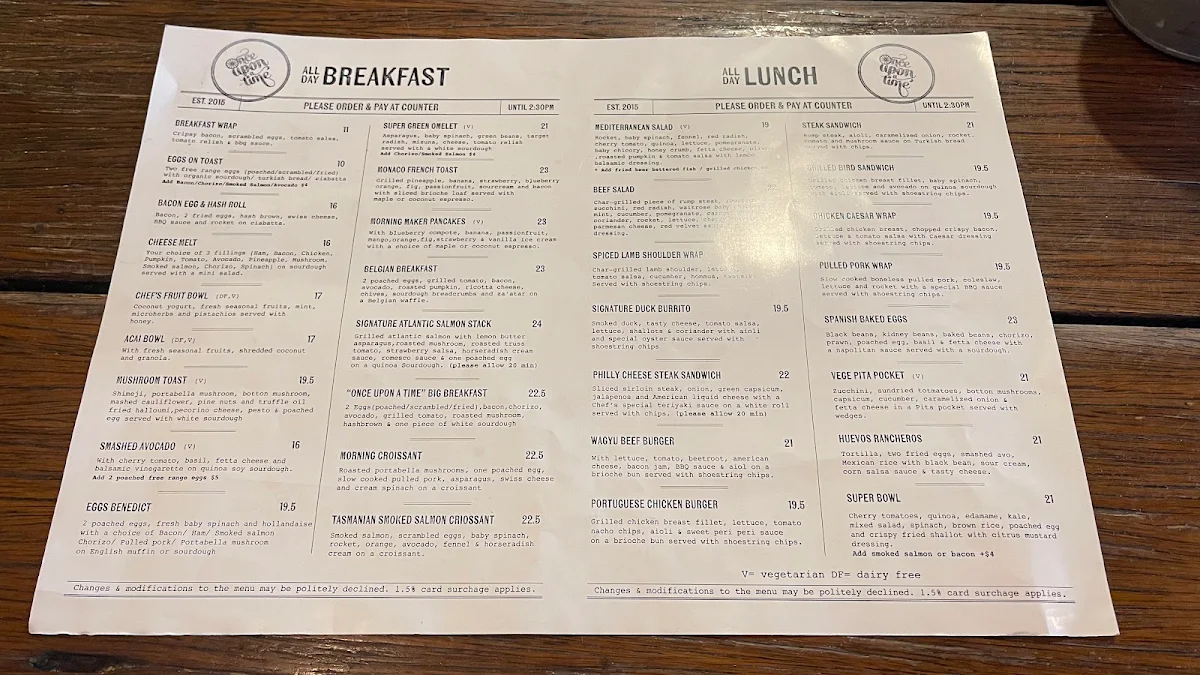 Menu, Cafe Once Upon a Time