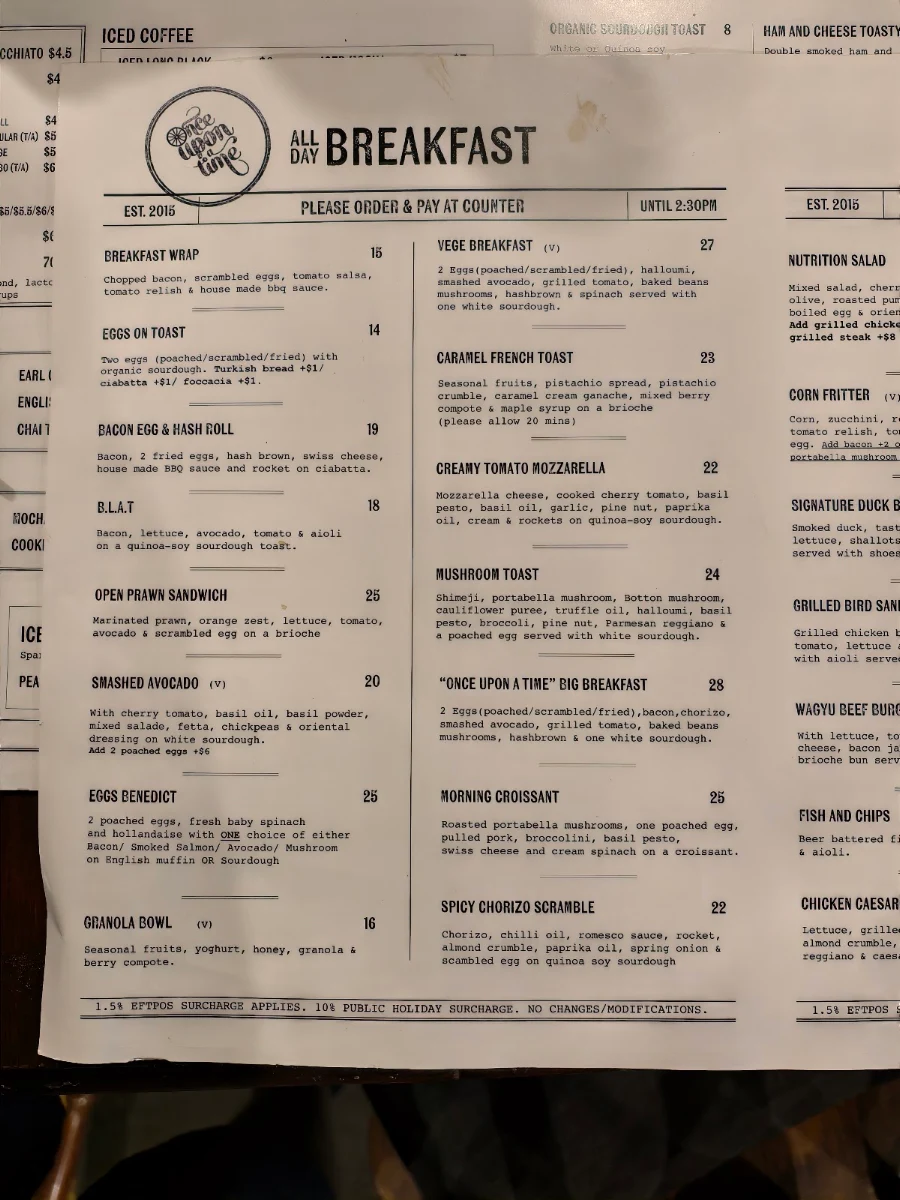 Menu, Cafe Once Upon a Time