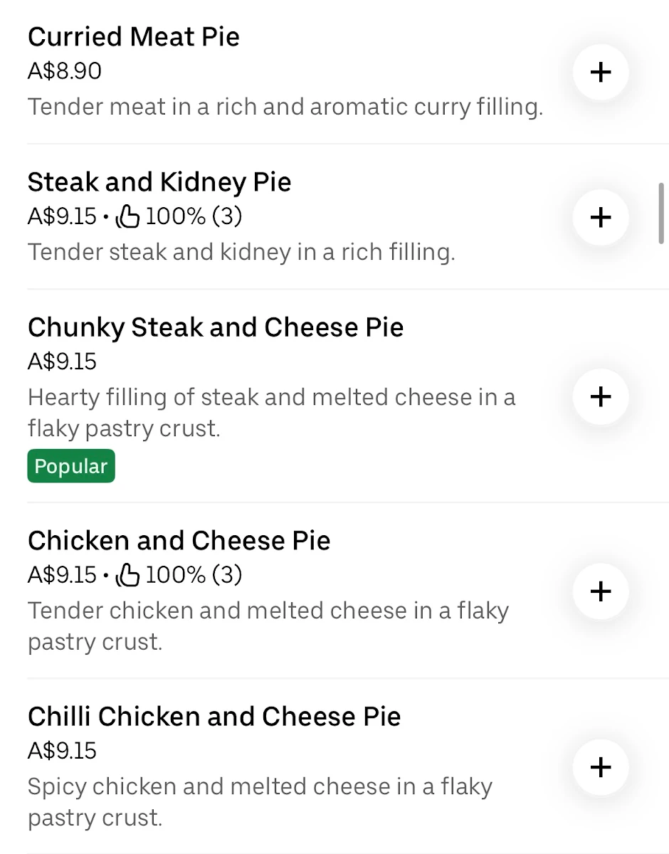 Menu, Millers Pie & Sandwich Bar – Shortland