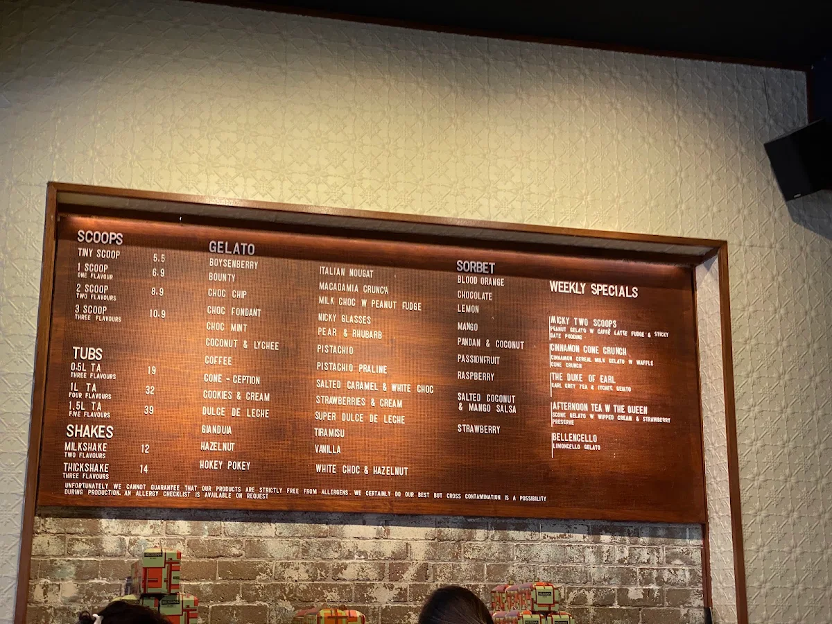 Menu, Gelato Messina Fitzroy