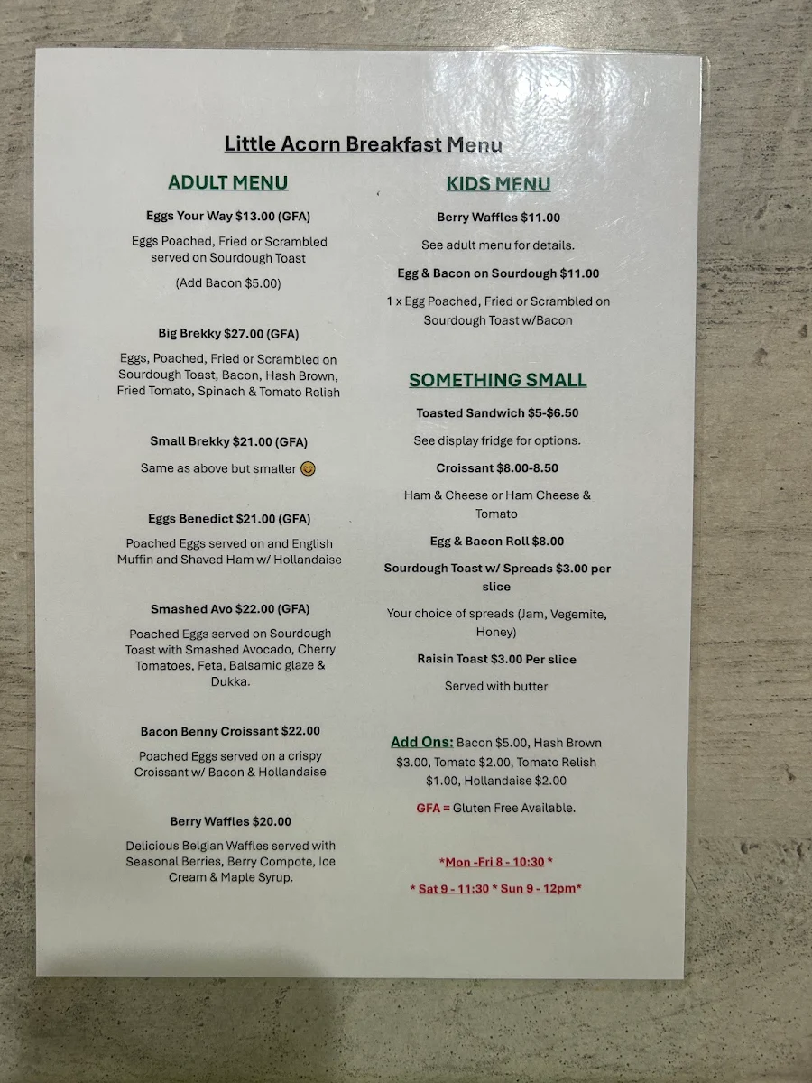 Menu, The Little Acorn