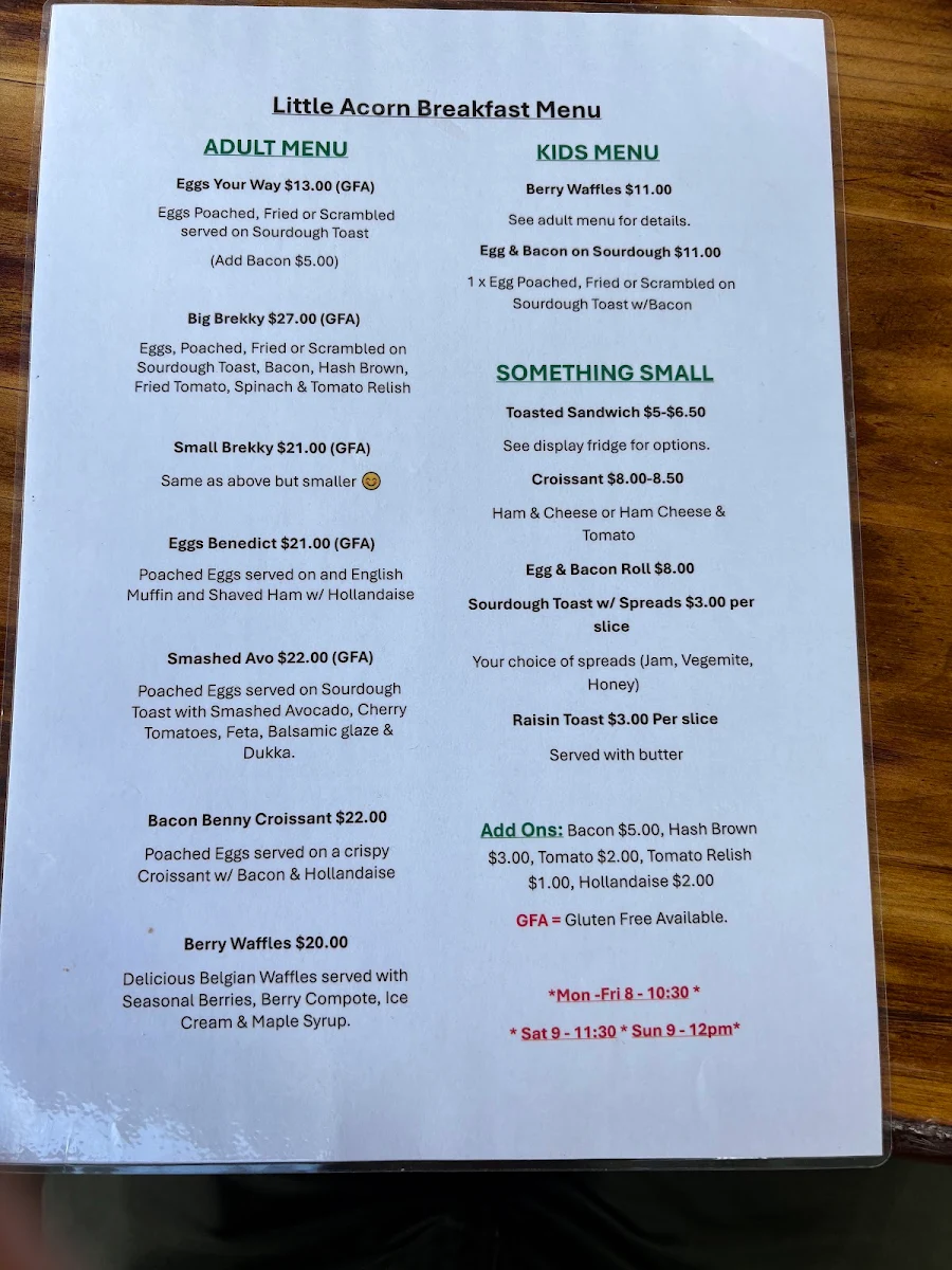 Menu, The Little Acorn