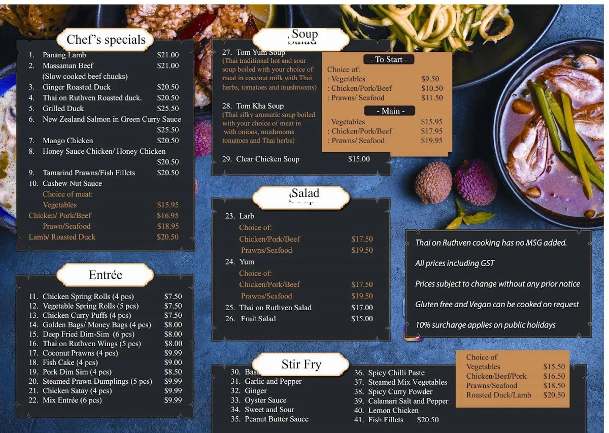 Menu, Thai on Ruthven