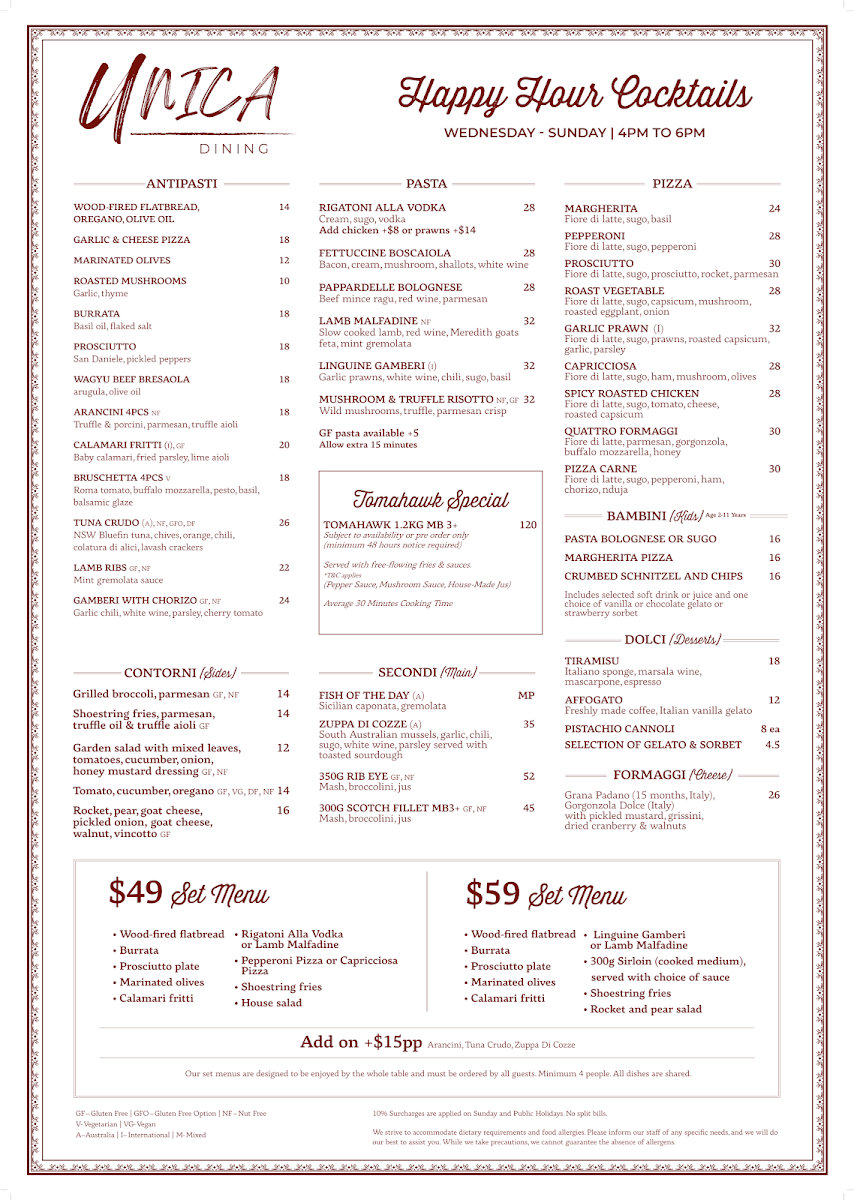 Menu, UNICA Dining