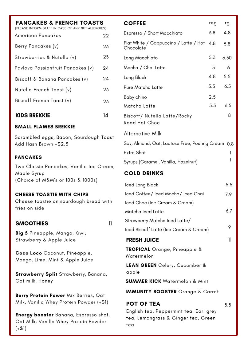 Menu, Flames Burgers & Grill (Roselea Shopping Centre)