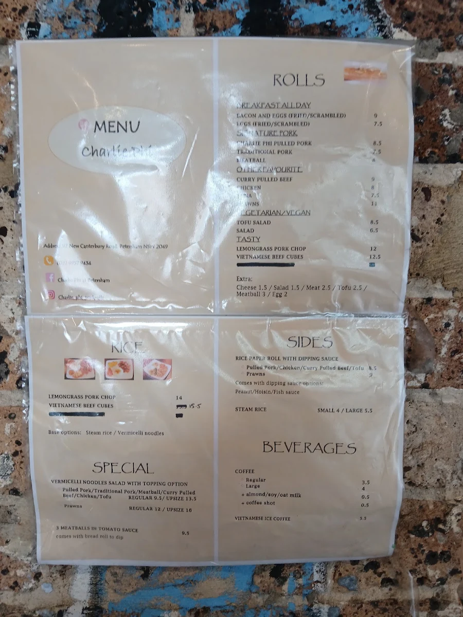Menu, Charlie Phi in Petersham