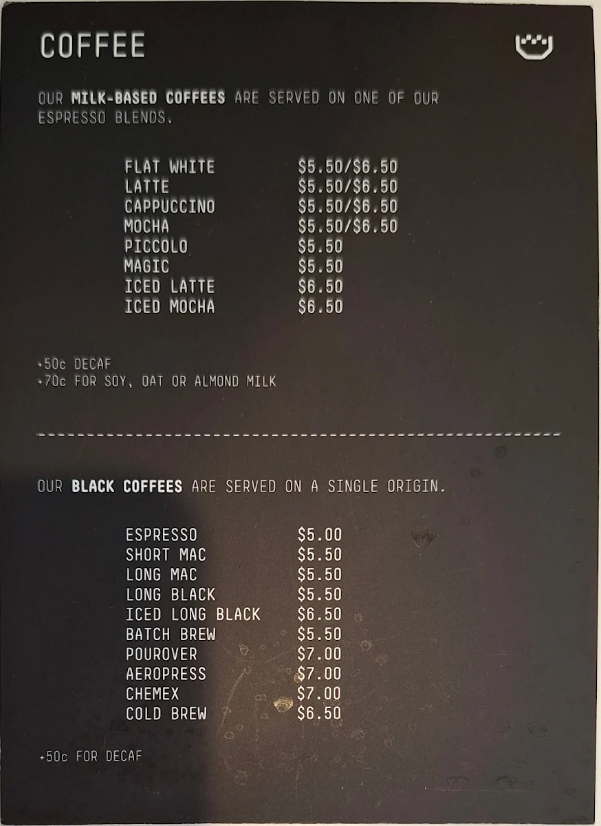 Menu, Padre Coffee Brunswick East
