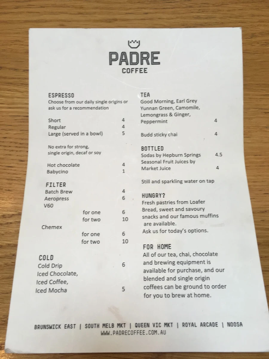 Menu, Padre Coffee Brunswick East