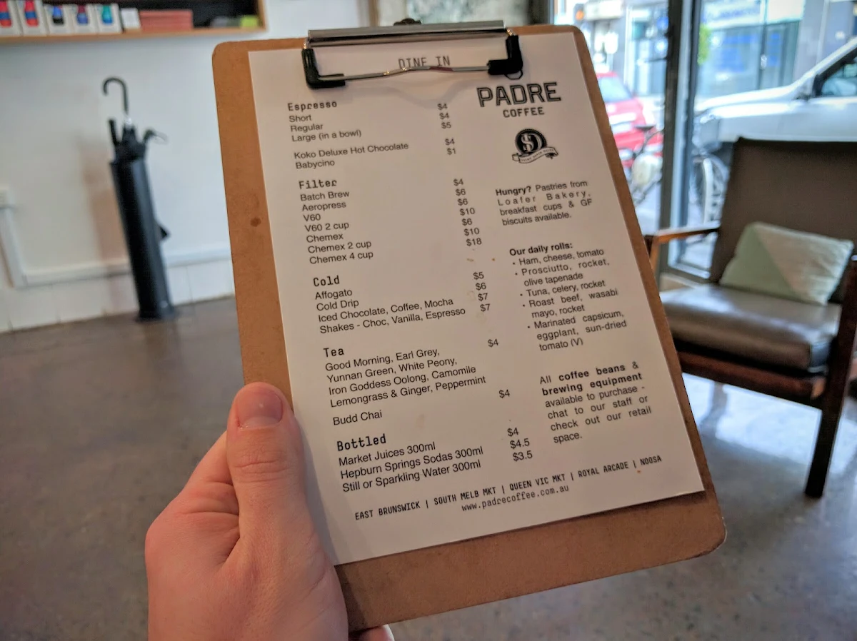 Menu, Padre Coffee Brunswick East