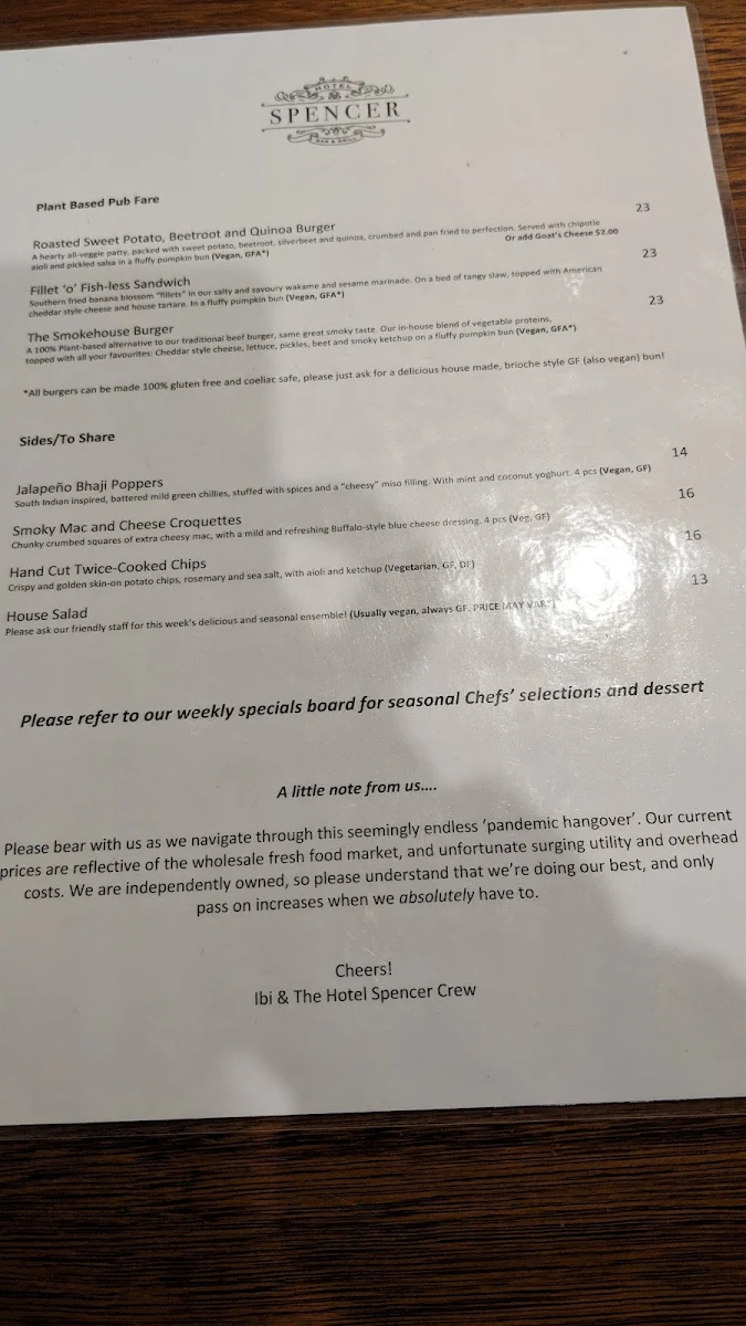 Menu, Hotel Spencer Bar & Grill