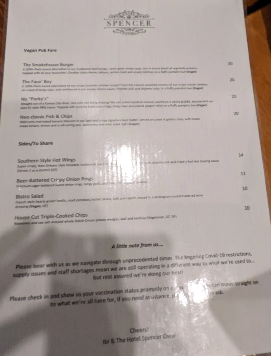 Menu, Hotel Spencer Bar & Grill