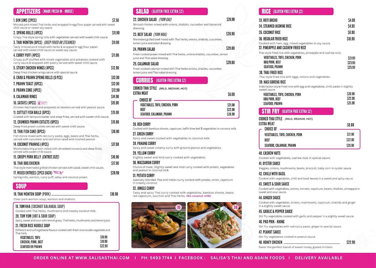 Menu, Salisa’s Thai and Asian Foods