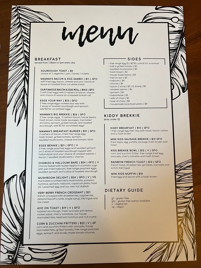 Menu, Mamma's Kitchen Cafe Palmerston