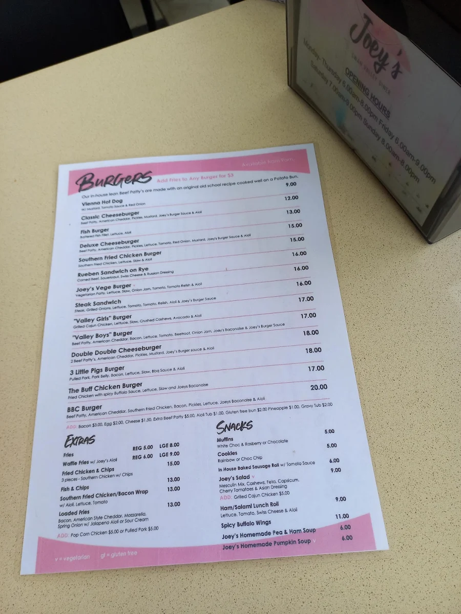 Menu, Joey's Swan Valley Diner