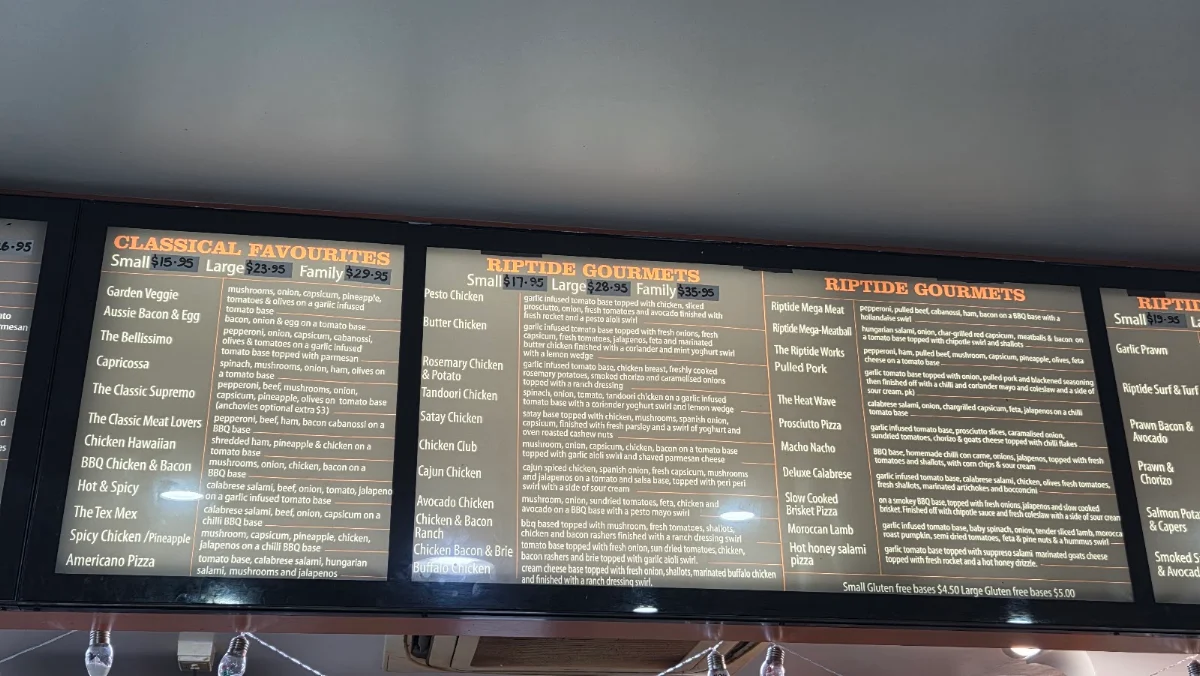 Menu, Riptide Pizzeria