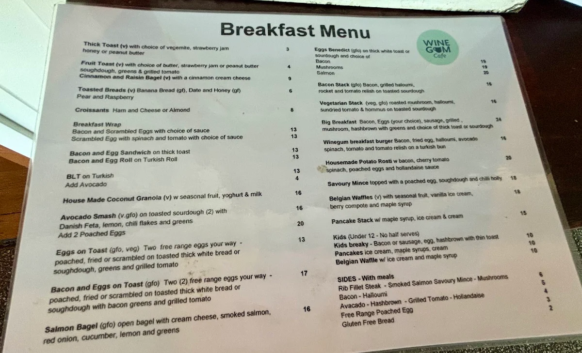 Menu, Winegum Cafe