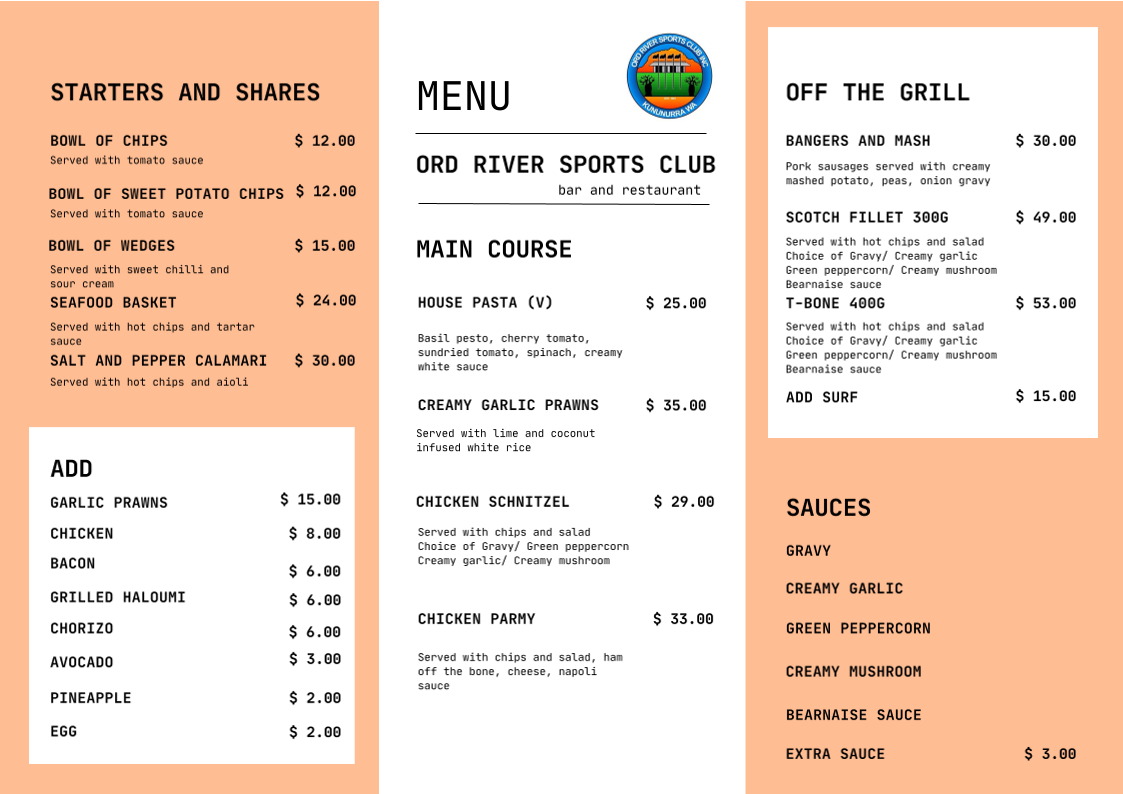 Menu, Ord River Sports Club (Sporties)