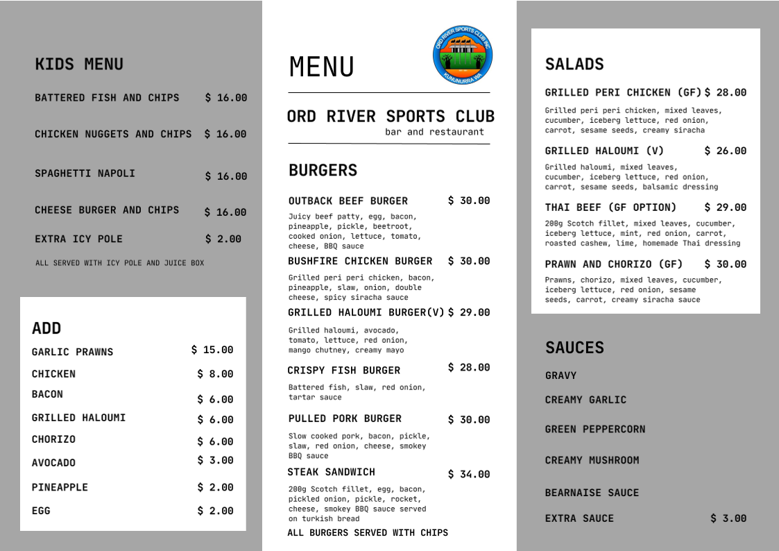 Menu, Ord River Sports Club (Sporties)